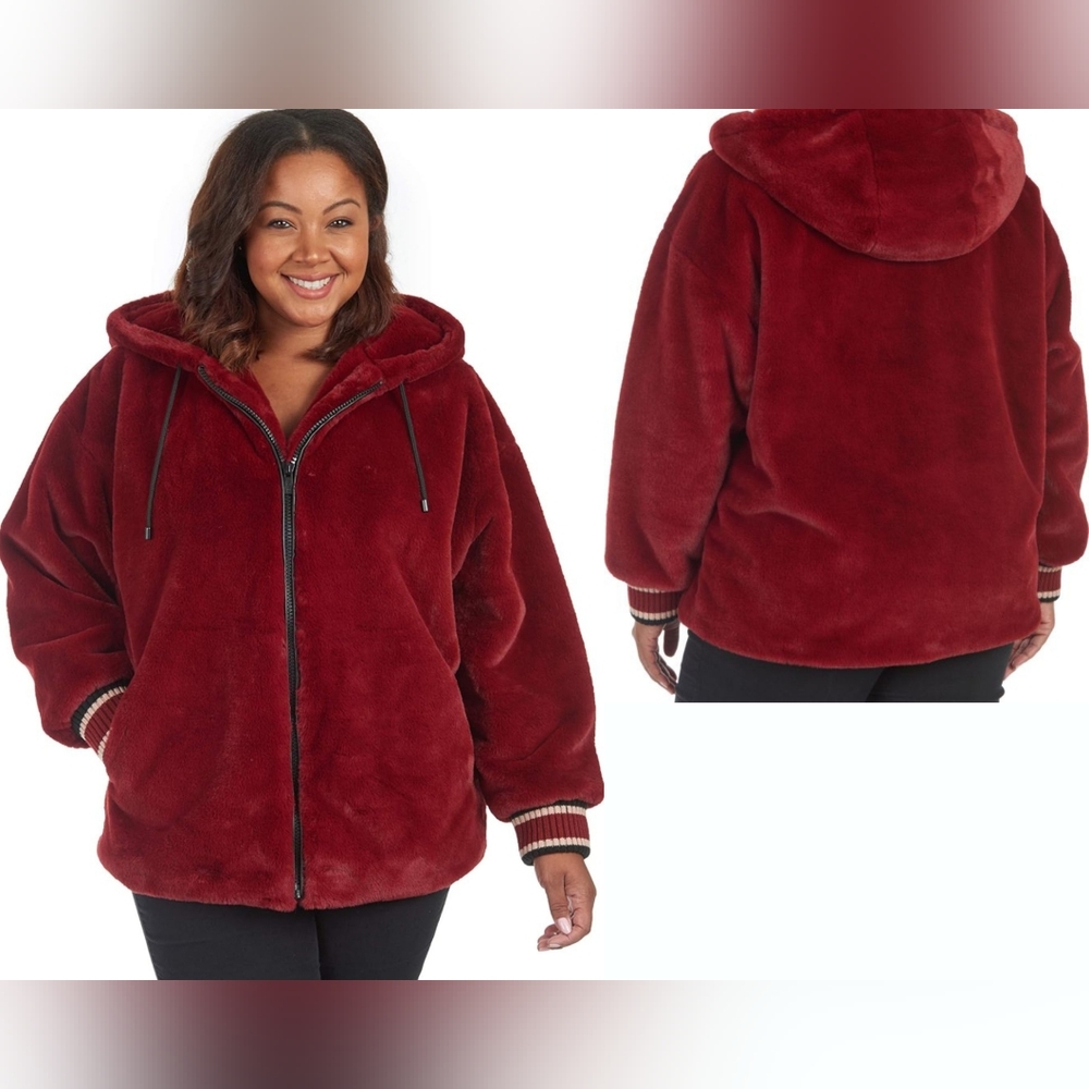 Rachel Rachel Roy Faux Fur Bomber Jacket Womens Large Red Hooded Sporty $350 NEW